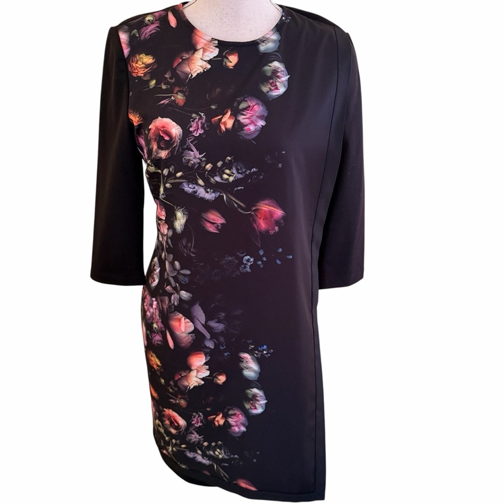 Ted Baker "Ilania" Black 3/4 Sleeve Sheath Dress with Floral Print Overlay 2(6)
